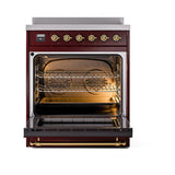 ILVE 30-Inch Nostalgie II Noblesse Induction Range with Solid Door Oven in Burgundy with Brass Trim (UNI304QNMPBUG)