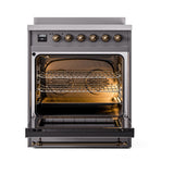 ILVE 30-Inch Nostalgie II Noblesse Induction Range with Solid Door Oven in Matte Graphite with Bronze Trim (UNI304QNMPMGB)