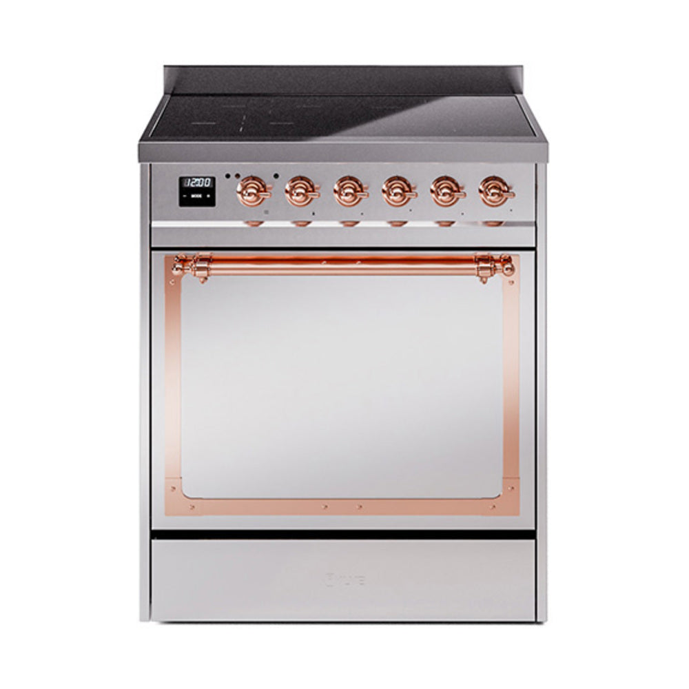 ILVE 30-Inch Nostalgie II Noblesse Induction Range with Solid Door Oven in Stainless Steel with Copper Trim (UNI304QNMPSSP)