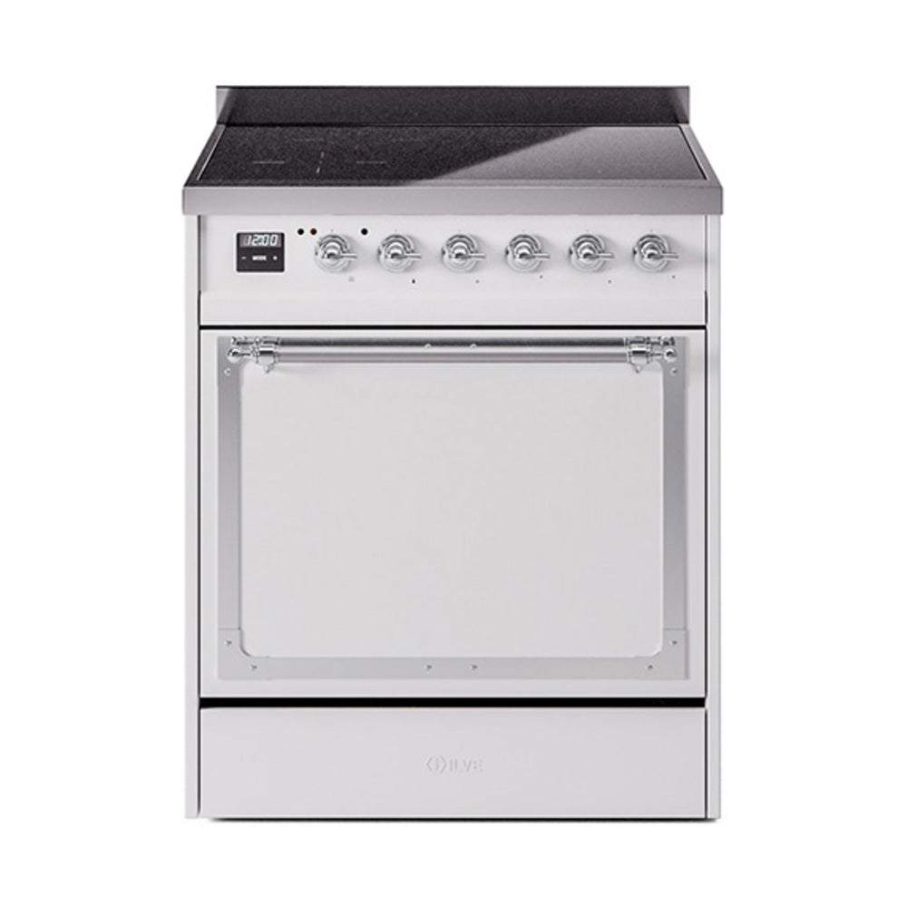 ILVE 30-Inch Nostalgie II Noblesse Induction Range with Solid Door Oven in White with Chrome Trim (UNI304QNMPWHC)