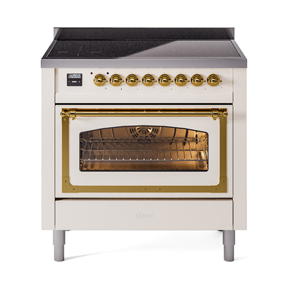 ILVE Nostalgie II Noblesse 36-Inch Induction Range with Triple Glass Door in Antique White with Brass Trim (UNI366NMPAWG)