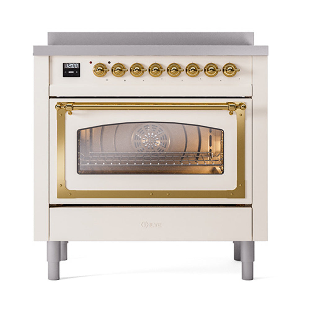 ILVE Nostalgie II Noblesse 36-Inch Induction Range with Triple Glass Door in Antique White with Brass Trim (UNI366NMPAWG)