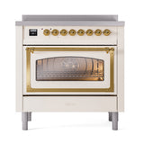 ILVE Nostalgie II Noblesse 36-Inch Induction Range with Triple Glass Door in Antique White with Brass Trim (UNI366NMPAWG)