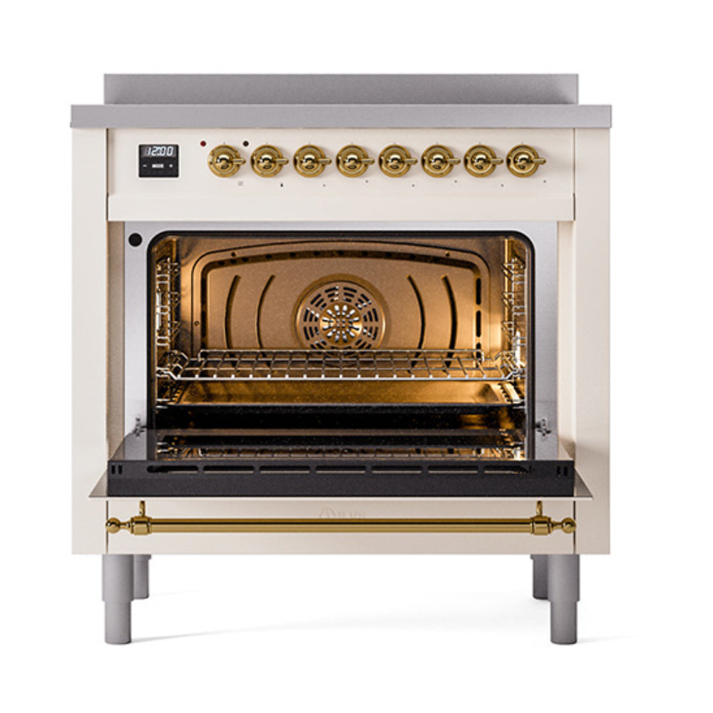 ILVE Nostalgie II Noblesse 36-Inch Induction Range with Triple Glass Door in Antique White with Brass Trim (UNI366NMPAWG)