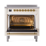 ILVE Nostalgie II Noblesse 36-Inch Induction Range with Triple Glass Door in Antique White with Brass Trim (UNI366NMPAWG)