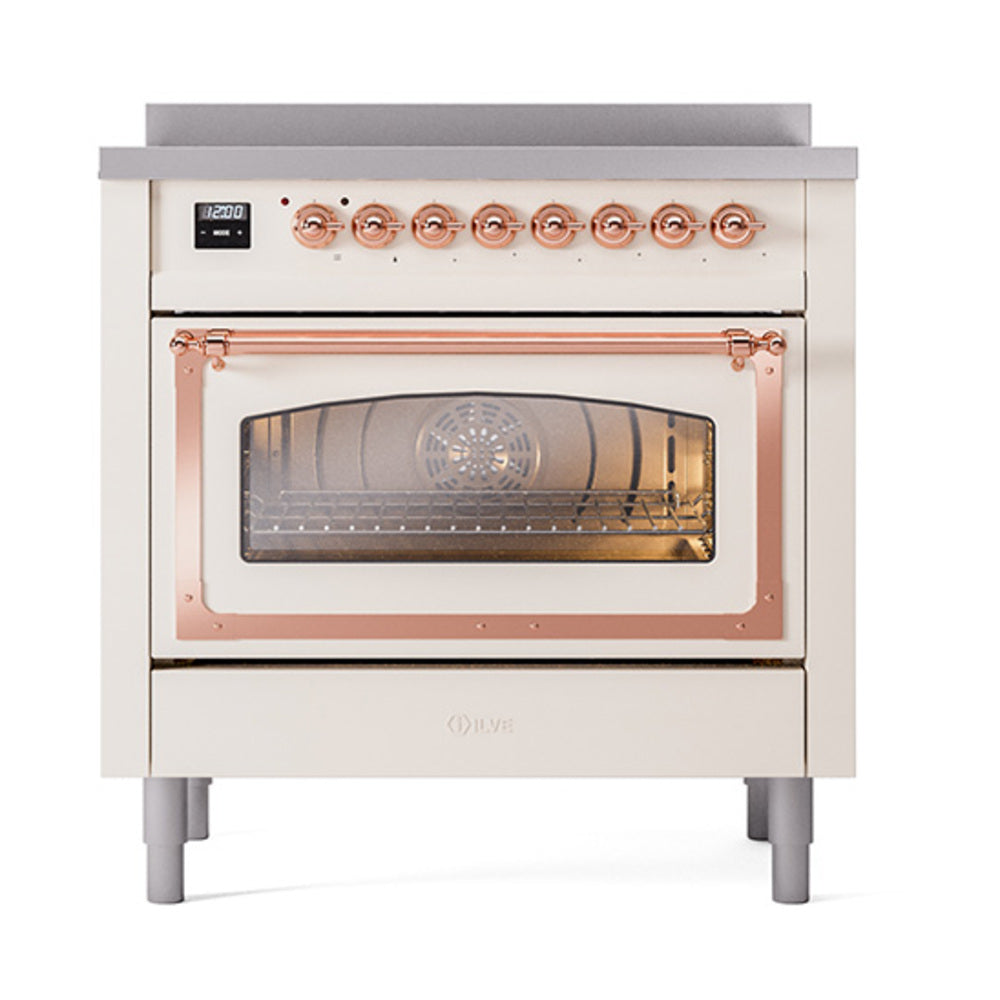 ILVE Nostalgie II Noblesse 36-Inch Induction Range with Triple Glass Door in Antique White with Copper Trim (UNI366NMPAWP)
