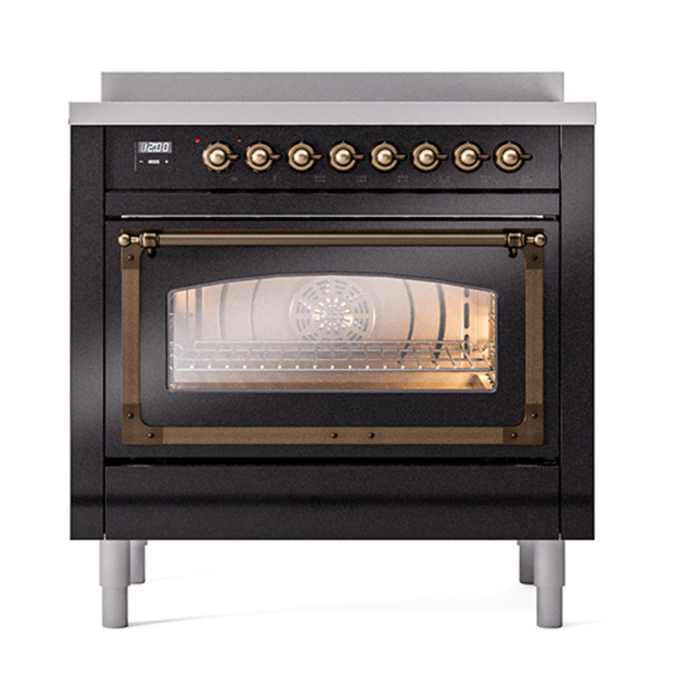ILVE Nostalgie II Noblesse 36-Inch Induction Range with Triple Glass Door in Glossy Black with Bronze Trim (UNI366NMPBKB)