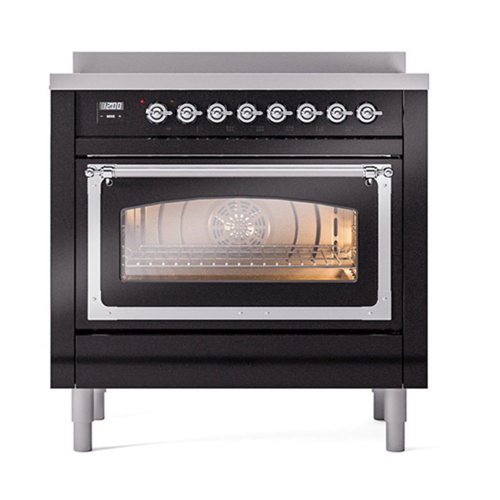 ILVE Nostalgie II Noblesse 36-Inch Induction Range with Triple Glass Door in Glossy Black with Chrome Trim (UNI366NMPBKC)