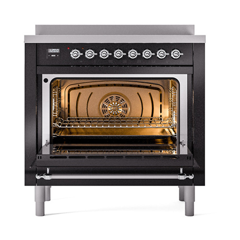 ILVE Nostalgie II Noblesse 36-Inch Induction Range with Triple Glass Door in Glossy Black with Chrome Trim (UNI366NMPBKC)