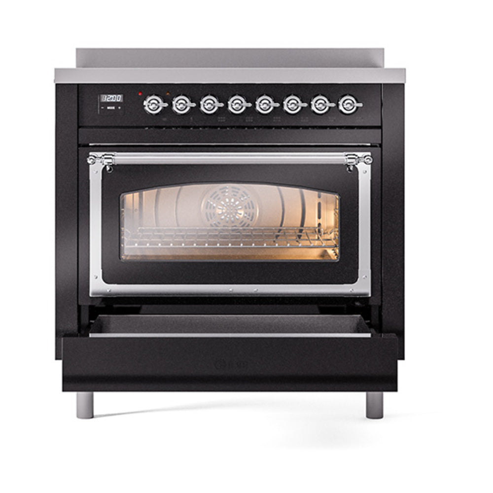ILVE Nostalgie II Noblesse 36-Inch Induction Range with Triple Glass Door in Glossy Black with Chrome Trim (UNI366NMPBKC)