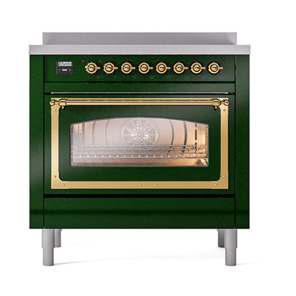 ILVE Nostalgie II Noblesse 36-Inch Induction Range with Triple Glass Door in Emerald Green with Brass Trim (UNI366NMPEGG)