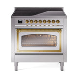 ILVE Nostalgie II Noblesse 36-Inch Induction Range with Triple Glass Door in Stainless Steel with Brass Trim (UNI366NMPSSG)