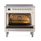 ILVE Nostalgie II Noblesse 36-Inch Induction Range with Solid Door in Antique White with Chrome Trim (UNI366QNMPAWC)
