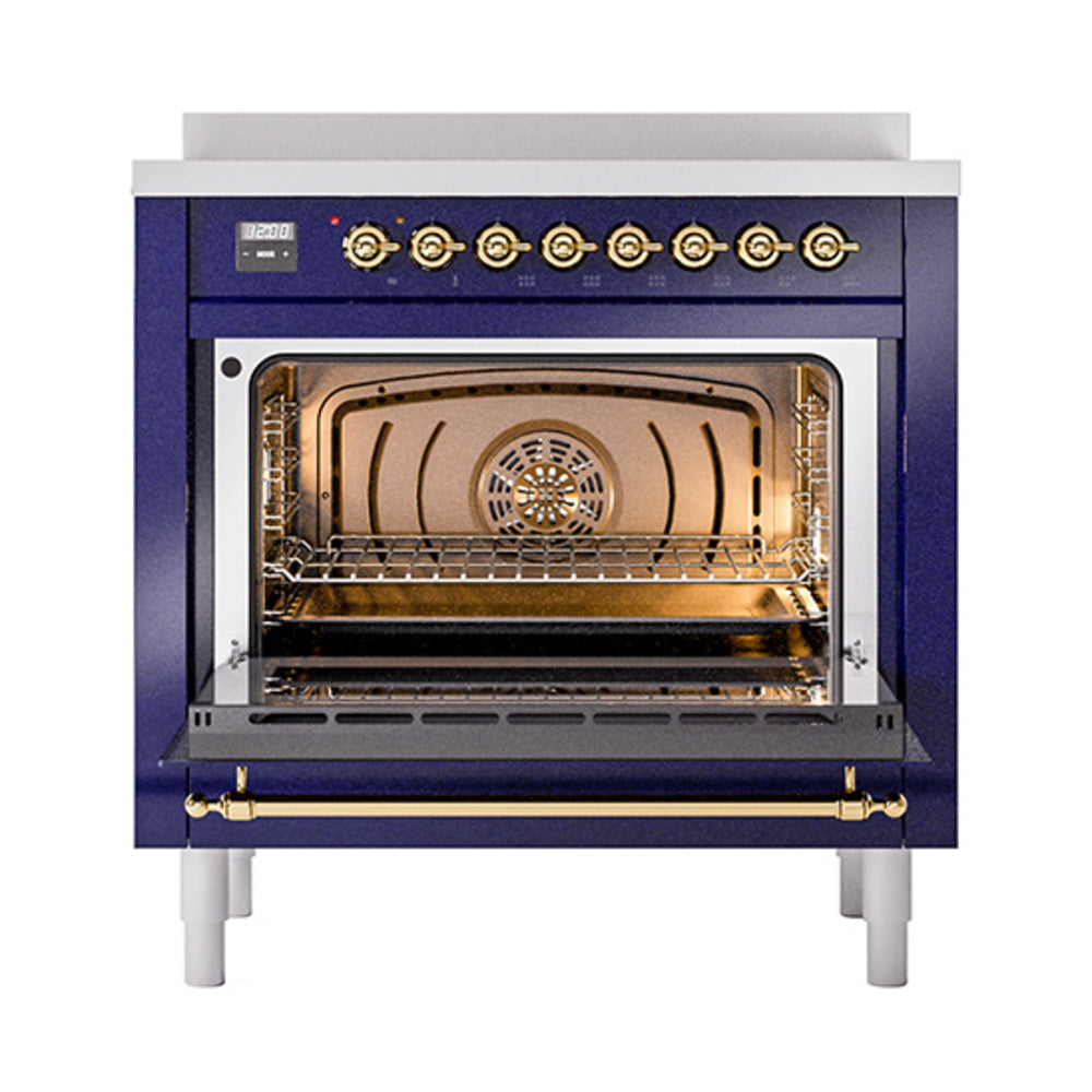 ILVE Nostalgie II Noblesse 36-Inch Induction Range with Solid Door in Midnight Blue with Brass Trim (UNI366QNMPMBG)
