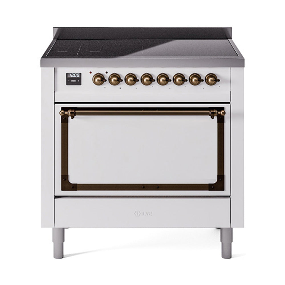 ILVE Nostalgie II Noblesse 36-Inch Induction Range with Solid Door in White with Bronze Trim (UNI366QNMPWHB)