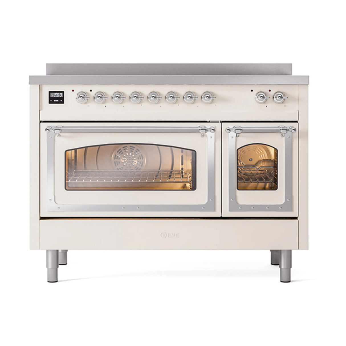 ILVE Nostalgie II Noblesse 48-Inch Induction Range with Triple Glass Door in Antique White with Chrome Trim (UNI486NMPAWC)