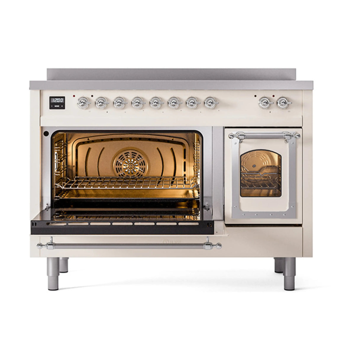ILVE Nostalgie II Noblesse 48-Inch Induction Range with Triple Glass Door in Antique White with Chrome Trim (UNI486NMPAWC)