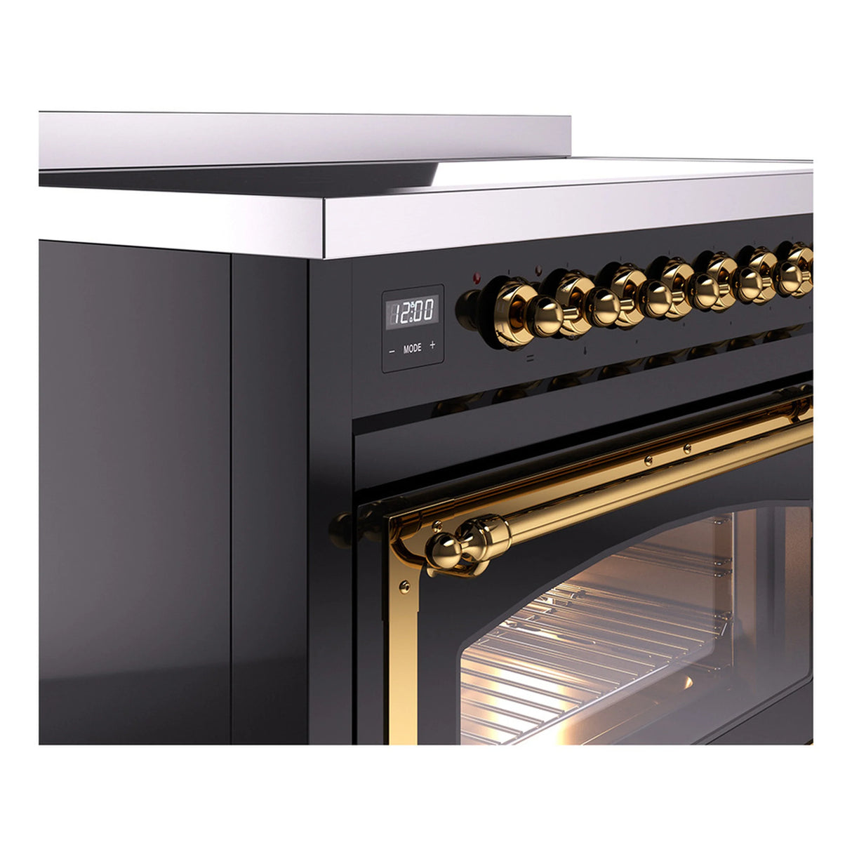 ILVE Nostalgie II Noblesse 48-Inch Induction Range with Triple Glass Door in Glossy Black with Brass Trim (UNI486NMPBKG)