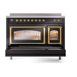 ILVE Nostalgie II Noblesse 48-Inch Induction Range with Triple Glass Door in Glossy Black with Brass Trim (UNI486NMPBKG)