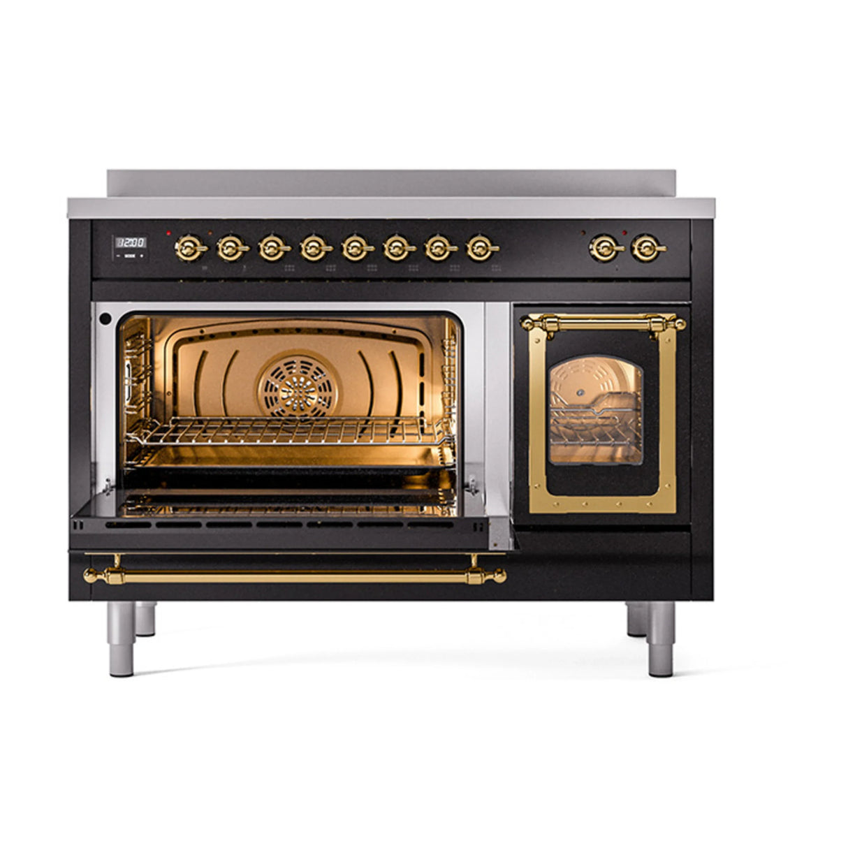 ILVE Nostalgie II Noblesse 48-Inch Induction Range with Triple Glass Door in Glossy Black with Brass Trim (UNI486NMPBKG)