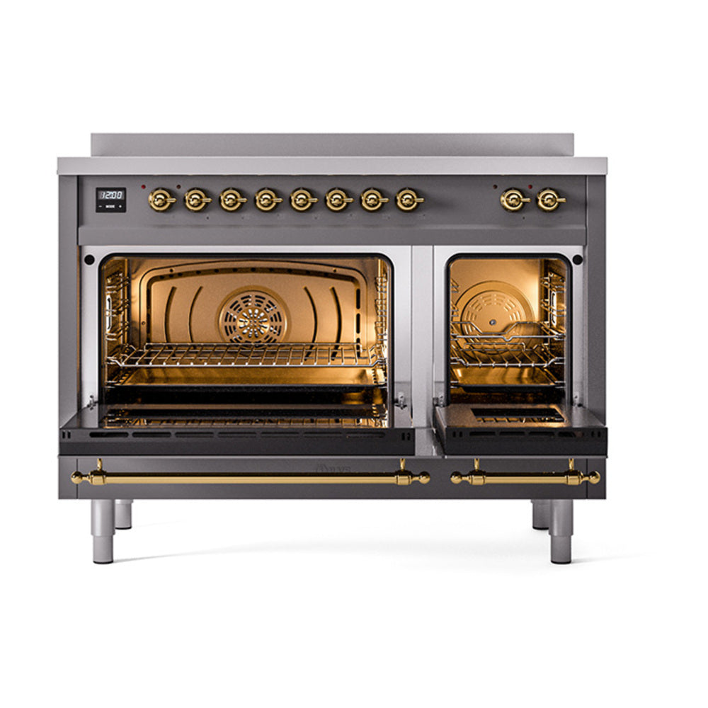 ILVE Nostalgie II Noblesse 48-Inch Induction Range with Triple Glass Door in Matte Graphite with Brass Trim (UNI486NMPMGG)