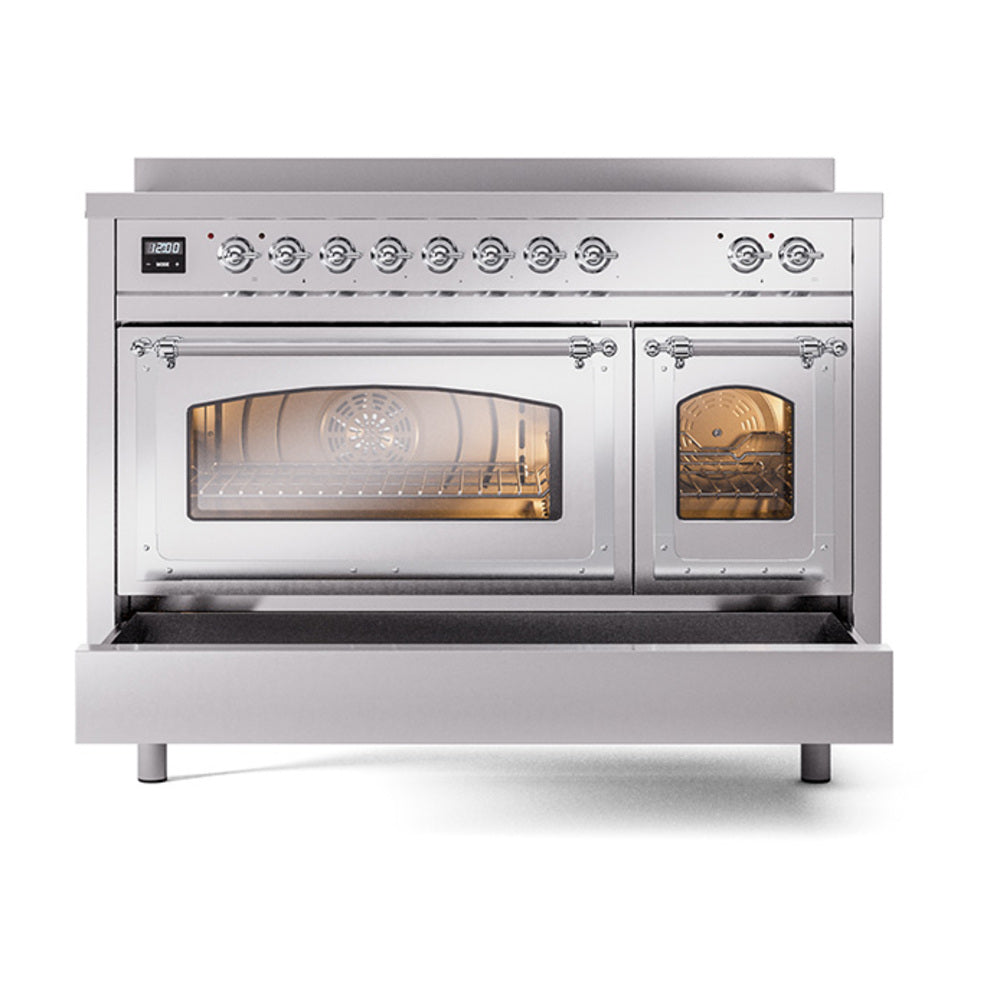 ILVE Nostalgie II Noblesse 48-Inch Induction Range with Triple Glass Door in Stainless Steel with Chrome Trim (UNI486NMPSSC)