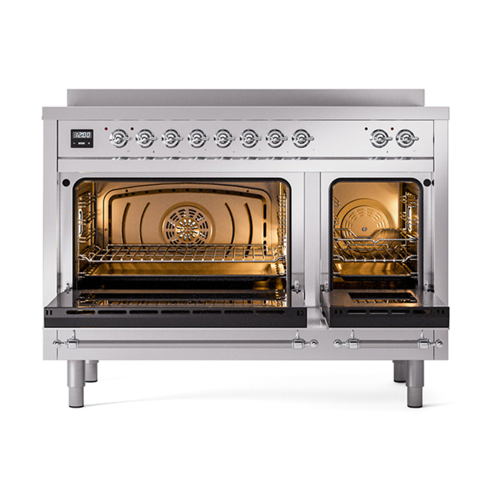 ILVE Nostalgie II Noblesse 48-Inch Induction Range with Triple Glass Door in Stainless Steel with Chrome Trim (UNI486NMPSSC)