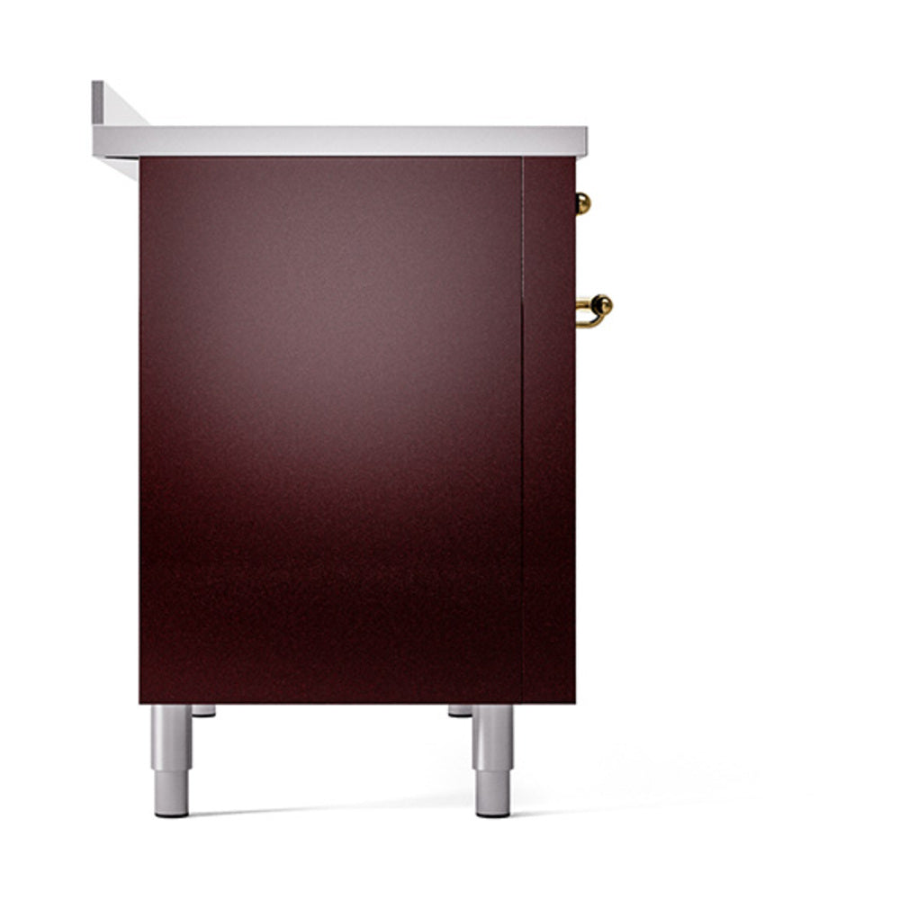 ILVE Nostalgie II Noblesse 48-Inch Induction Range with Solid Door Oven in Burgundy with Brass Trim (UNI486QNMPBUG)