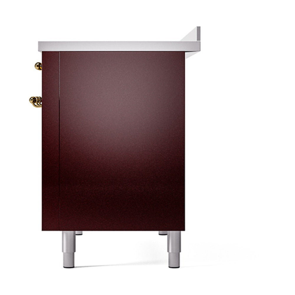 ILVE Nostalgie II Noblesse 48-Inch Induction Range with Solid Door Oven in Burgundy with Brass Trim (UNI486QNMPBUG)