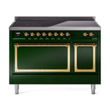 ILVE Nostalgie II Noblesse 48-Inch Induction Range with Solid Door Oven in Emerald Green with Brass Trim (UNI486QNMPEGG)