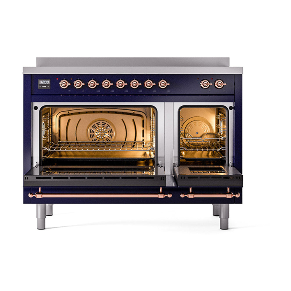 ILVE Nostalgie II Noblesse 48-Inch Induction Range with Solid Door Oven in Midnight Blue with Copper Trim (UNI486QNMPMBP)