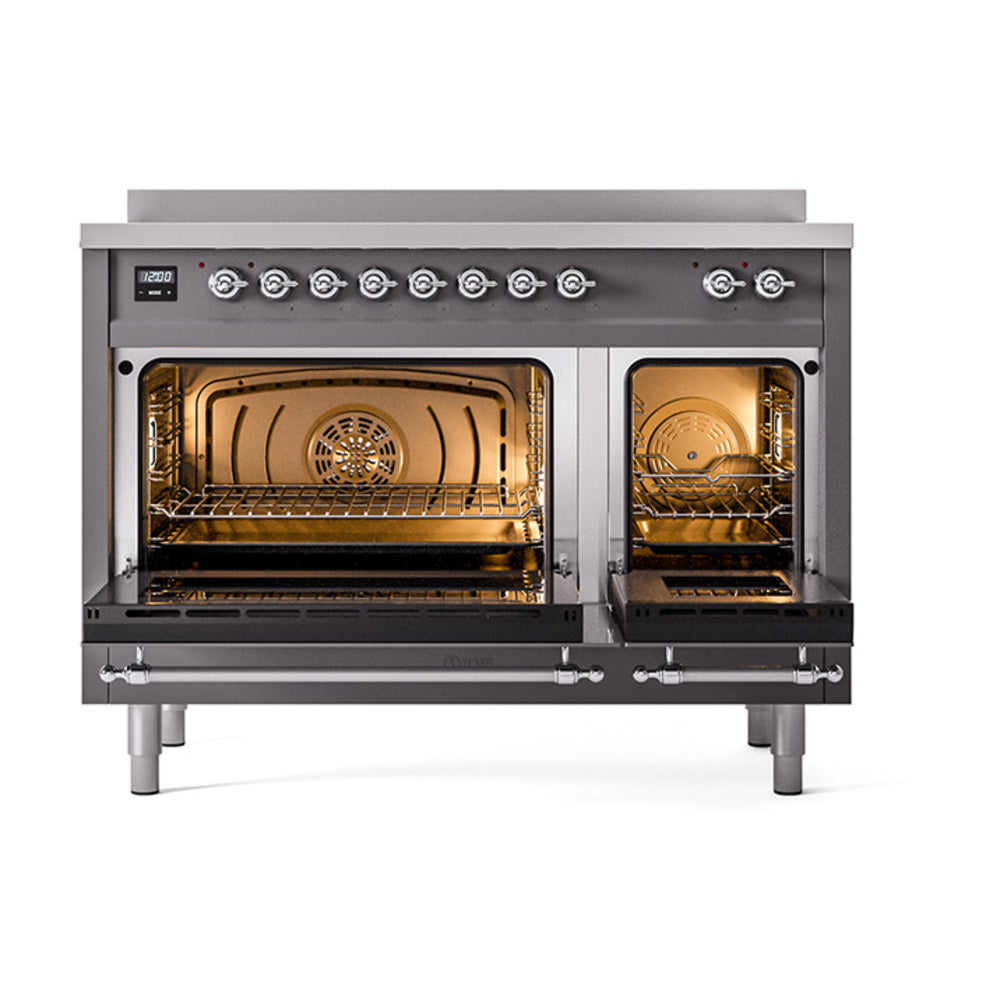 ILVE Nostalgie II Noblesse 48-Inch Induction Range with Solid Door Oven in Matte Graphite with Chrome Trim (UNI486QNMPMGC)