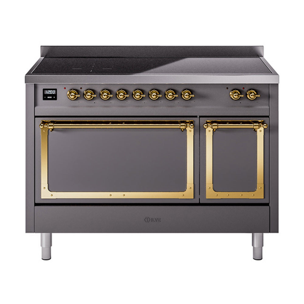 ILVE Nostalgie II Noblesse 48-Inch Induction Range with Solid Door Oven in Matte Graphite with Brass Trim (UNI486QNMPMGG)