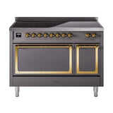 ILVE Nostalgie II Noblesse 48-Inch Induction Range with Solid Door Oven in Matte Graphite with Brass Trim (UNI486QNMPMGG)