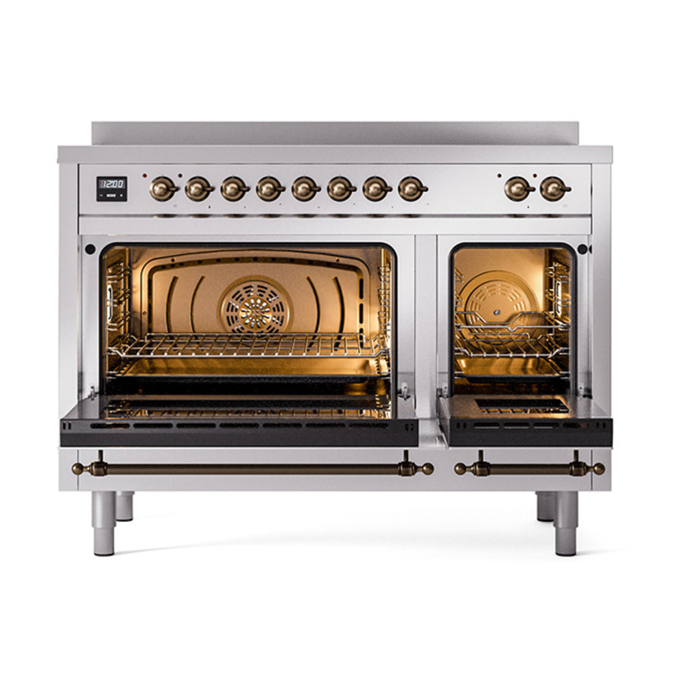 ILVE Nostalgie II Noblesse 48-Inch Induction Range with Solid Door Oven in Stainless Steel with Bronze Trim (UNI486QNMPSSB)