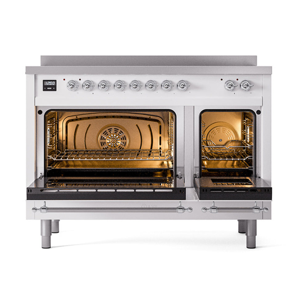ILVE Nostalgie II Noblesse 48-Inch Induction Range with Solid Door Oven in White with Chrome Trim (UNI486QNMPWHC)