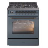 ILVE Nostalgie II 30-Inch Freestanding Natural Gas Dual Fuel Range in Blue Grey with Bronze Trim (UP30NMPBGB)