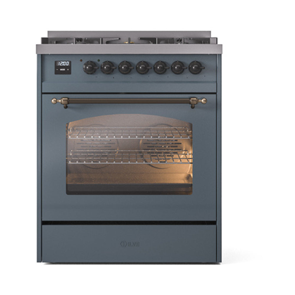 ILVE Nostalgie II 30-Inch Freestanding Natural Gas Dual Fuel Range in Blue Grey with Bronze Trim (UP30NMPBGB)