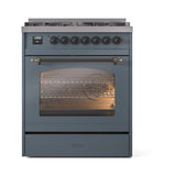 ILVE Nostalgie II 30-Inch Freestanding Natural Gas Dual Fuel Range in Blue Grey with Bronze Trim (UP30NMPBGB)
