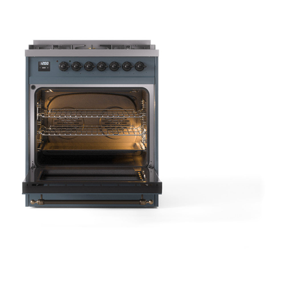 ILVE Nostalgie II 30-Inch Freestanding Natural Gas Dual Fuel Range in Blue Grey with Bronze Trim (UP30NMPBGB)