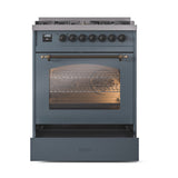 ILVE Nostalgie II 30-Inch Freestanding Natural Gas Dual Fuel Range in Blue Grey with Bronze Trim (UP30NMPBGB)