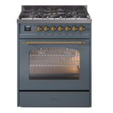 ILVE Nostalgie II 30-Inch Dual Fuel Freestanding Range in Blue Grey with Brass Trim (UP30NMPBGGLP)