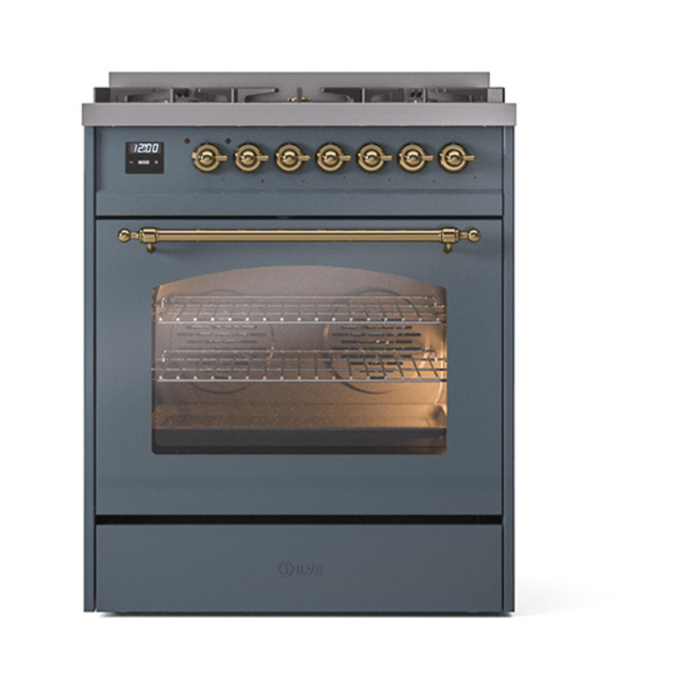 ILVE Nostalgie II 30-Inch Dual Fuel Freestanding Range in Blue Grey with Brass Trim (UP30NMPBGGLP)