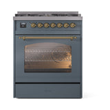 ILVE Nostalgie II 30-Inch Freestanding Natural Gas Dual Fuel Range in Blue Grey with Brass Trim (UP30NMPBGG)