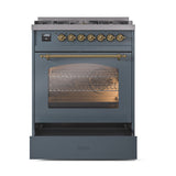 ILVE Nostalgie II 30-Inch Freestanding Natural Gas Dual Fuel Range in Blue Grey with Brass Trim (UP30NMPBGG)