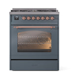ILVE Nostalgie II 30-Inch Dual Fuel Freestanding Range in Blue Grey with Copper Trim (UP30NMPBGPLP)