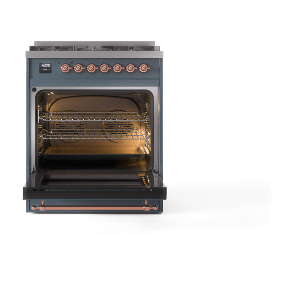 ILVE Nostalgie II 30-Inch Dual Fuel Freestanding Range in Blue Grey with Copper Trim (UP30NMPBGPLP)