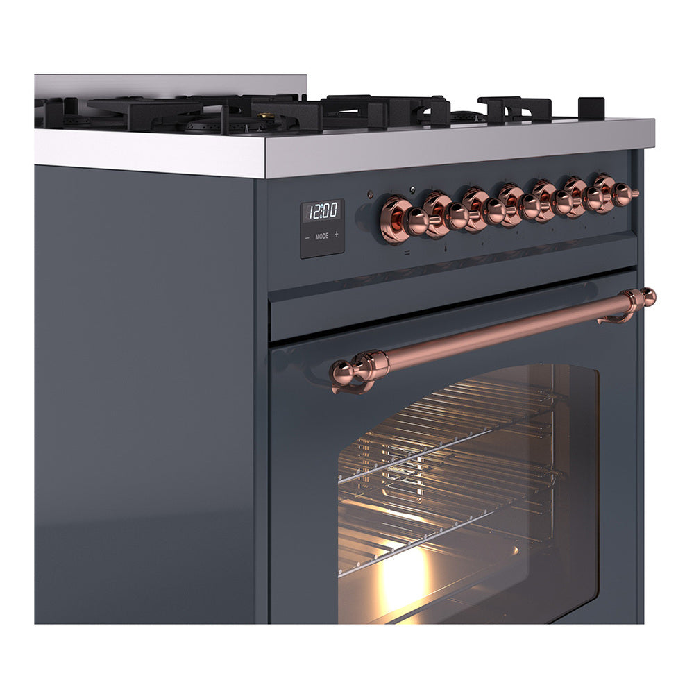 ILVE Nostalgie II 30-Inch Dual Fuel Freestanding Range in Blue Grey with Copper Trim (UP30NMPBGPLP)