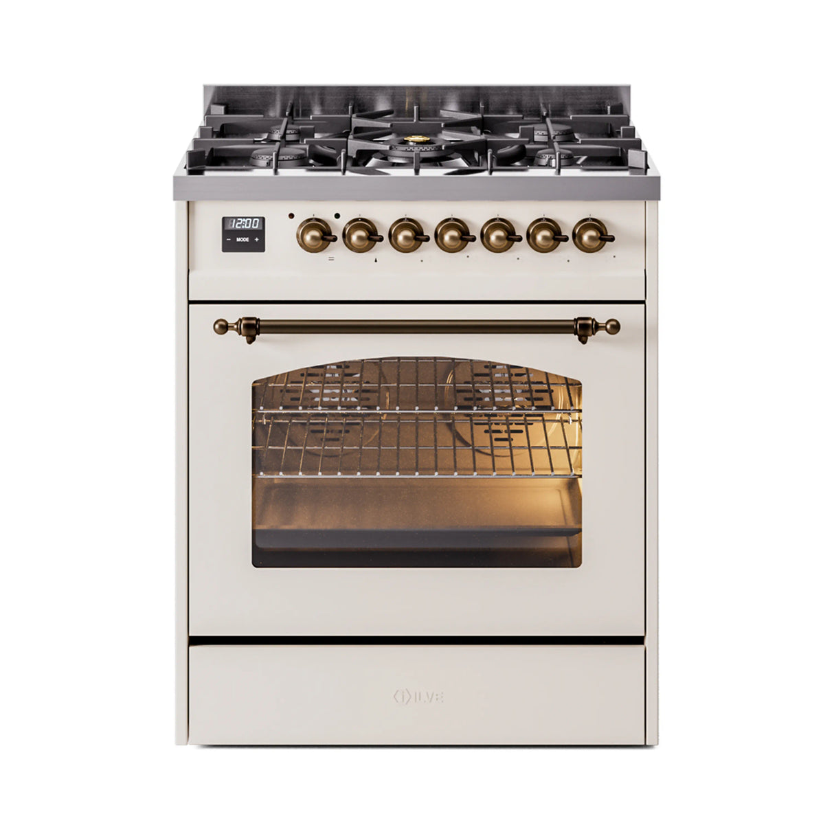 ILVE Nostalgie II 30-Inch Freestanding Natural Gas Dual Fuel Range in Antique White with Bronze Trim (UP30NMPAWB)