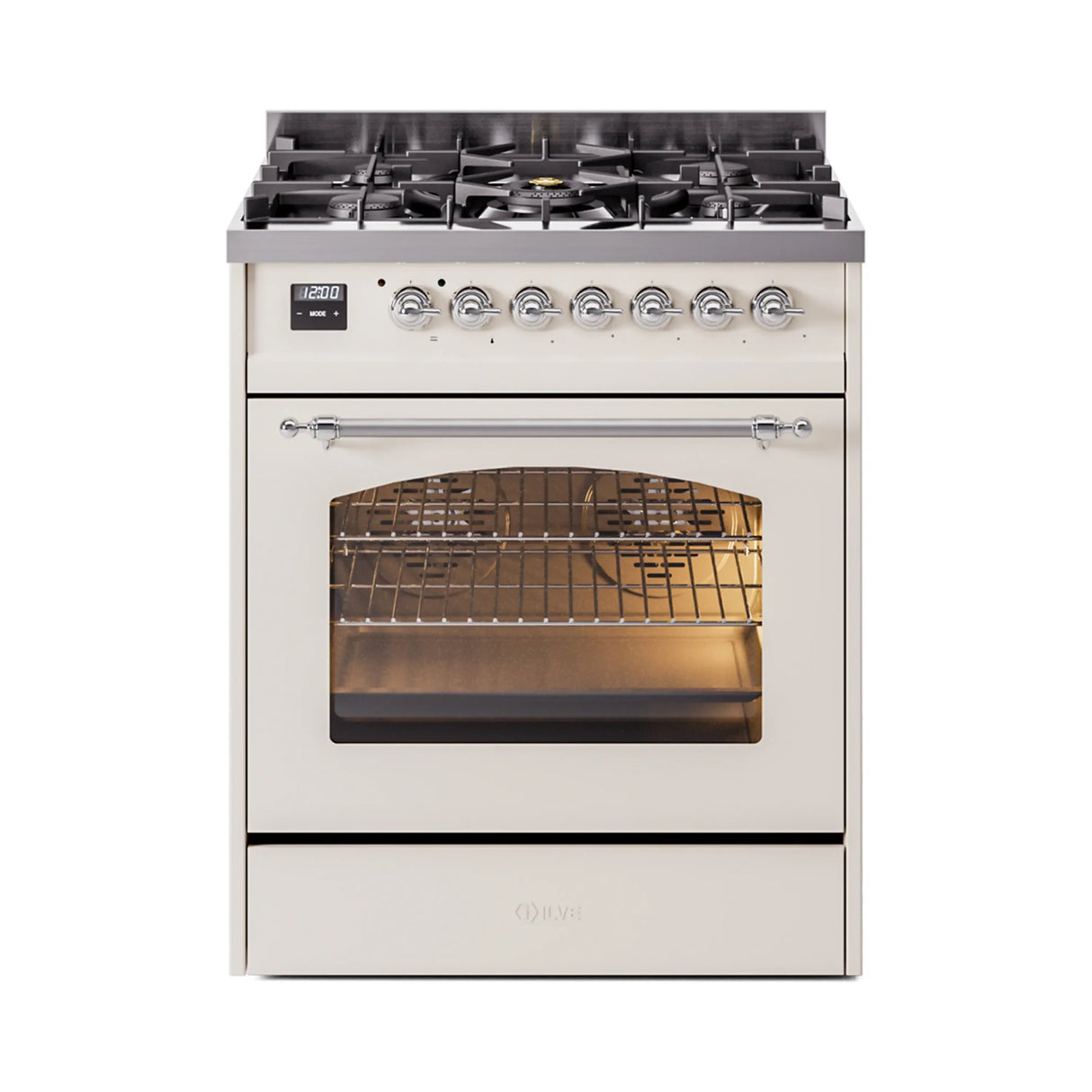 ILVE Nostalgie II 30-Inch Freestanding Natural Gas Dual Fuel Range in Antique White with Chrome Trim (UP30NMPAWC)